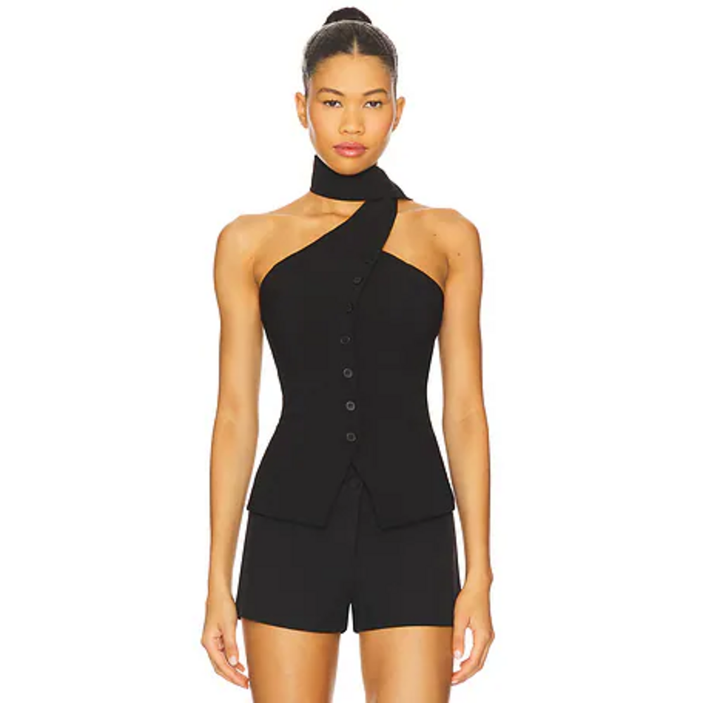 Black One-Shoulder Button Front Top with Neck Tie